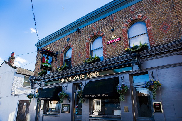 Outside of The Andover Arms, a Fuller's pub.