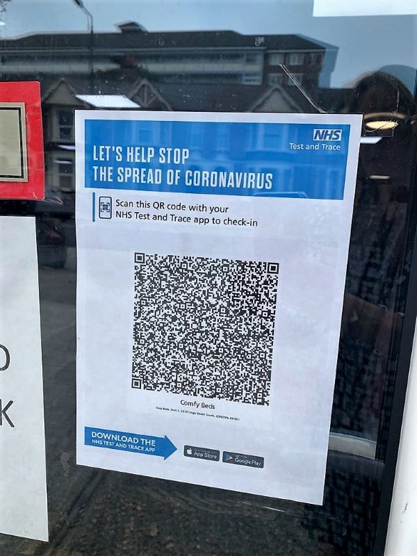 NHS Test and Trace QR code poster at Comfy Beds